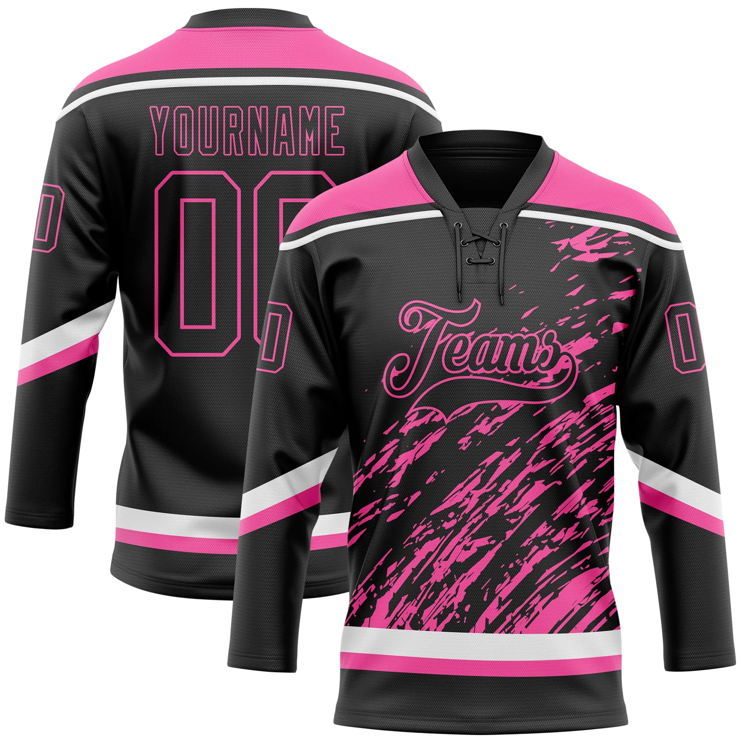Custom Black Pink-White 3D Splash Art Hockey Lace Neck Jersey