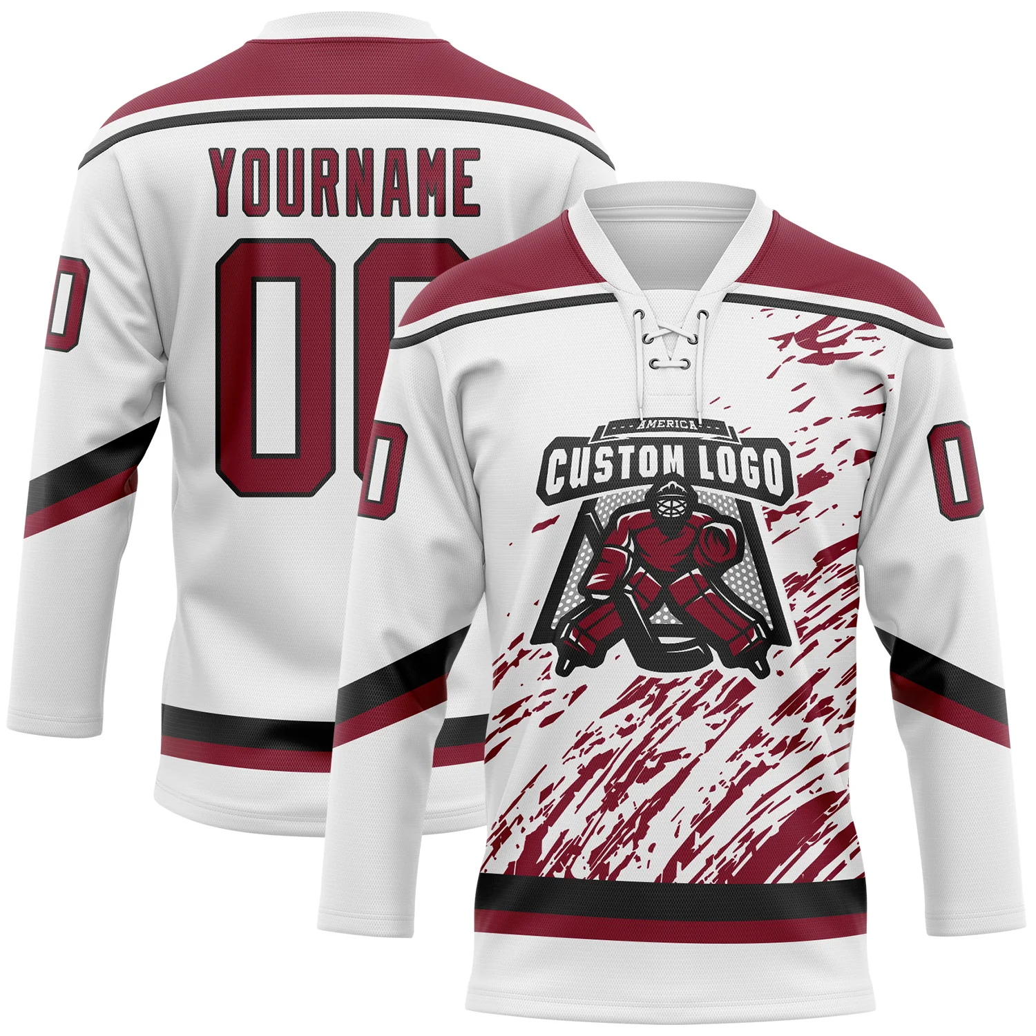 Custom White Crimson-Black 3D Splash Art Hockey Lace Neck Jersey