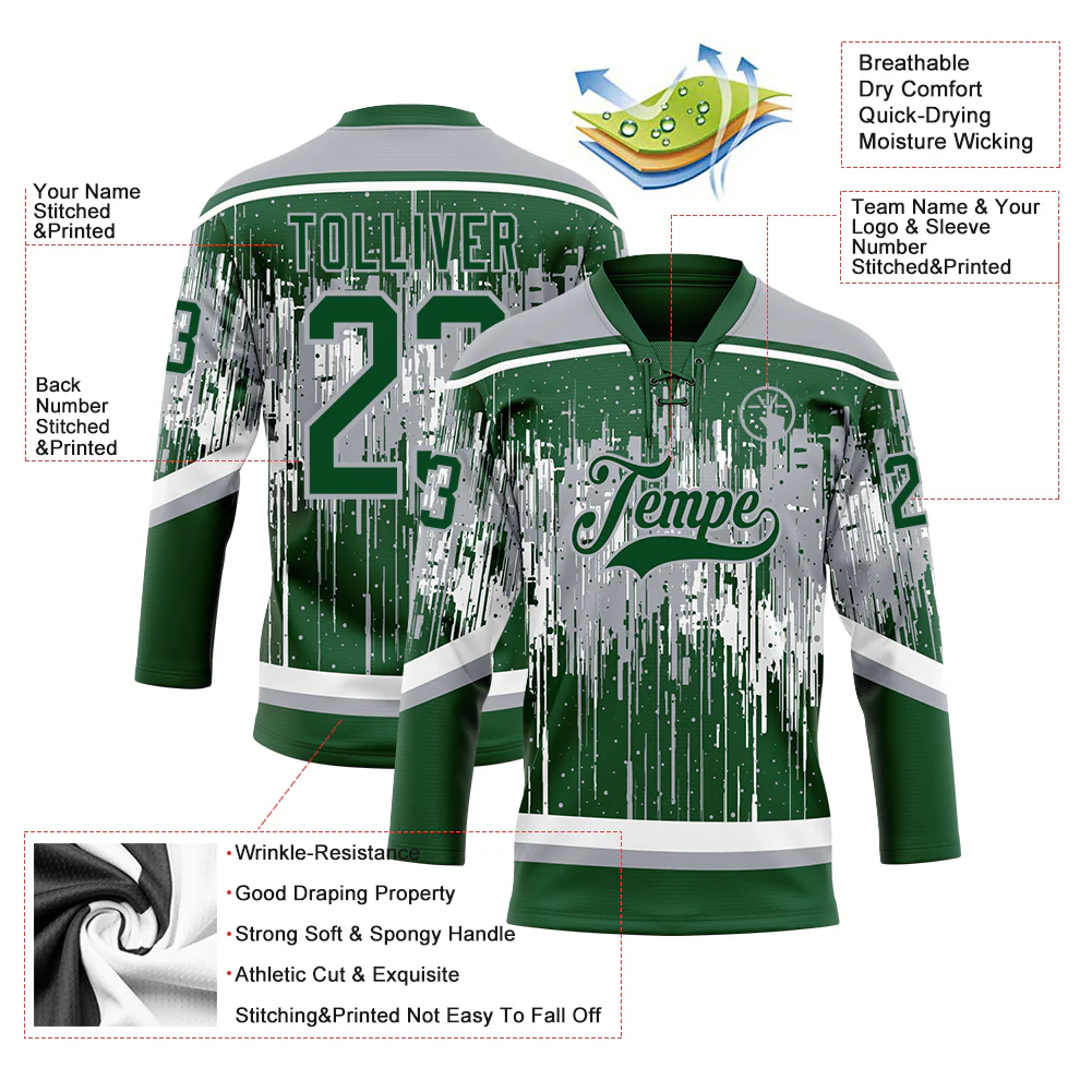 Custom Green Gray-White 3D Pattern Dripping Splatter Hockey Lace Neck Jersey