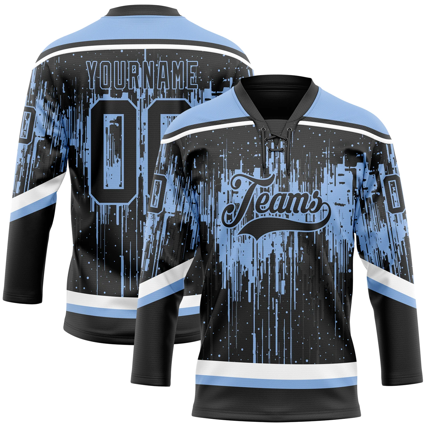 Custom Black Light Blue Steel Gray-White 3D Pattern Dripping Splatter Hockey Lace Neck Jersey