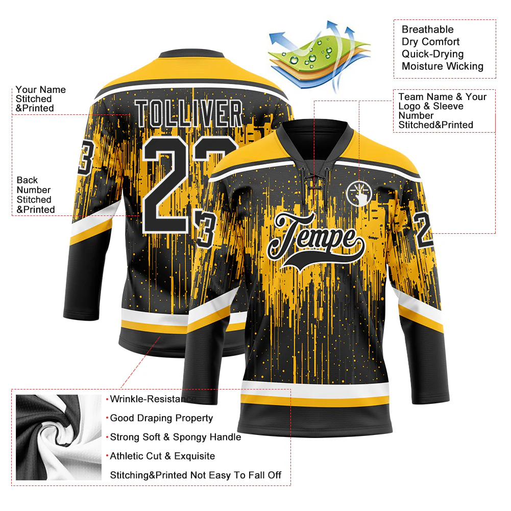 Custom Black Gold Steel Gray-White 3D Pattern Dripping Splatter Hockey Lace Neck Jersey