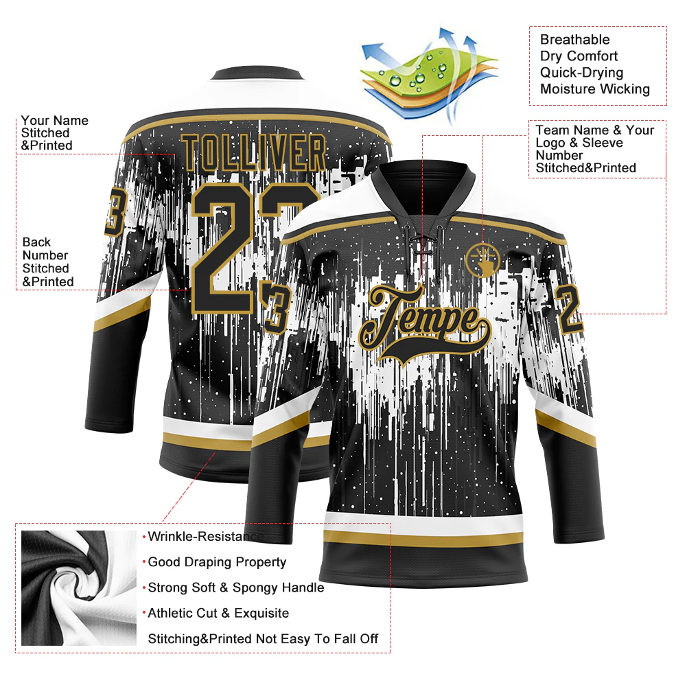 Custom Black Old Gold Steel Gray-White 3D Pattern Dripping Splatter Hockey Lace Neck Jersey
