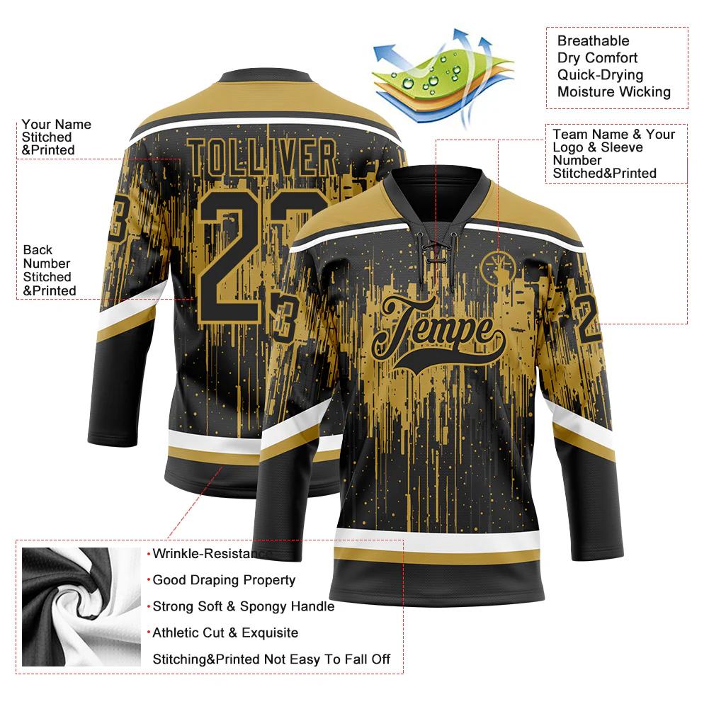 Custom Black Old Gold Steel Gray-White 3D Pattern Dripping Splatter Hockey Lace Neck Jersey