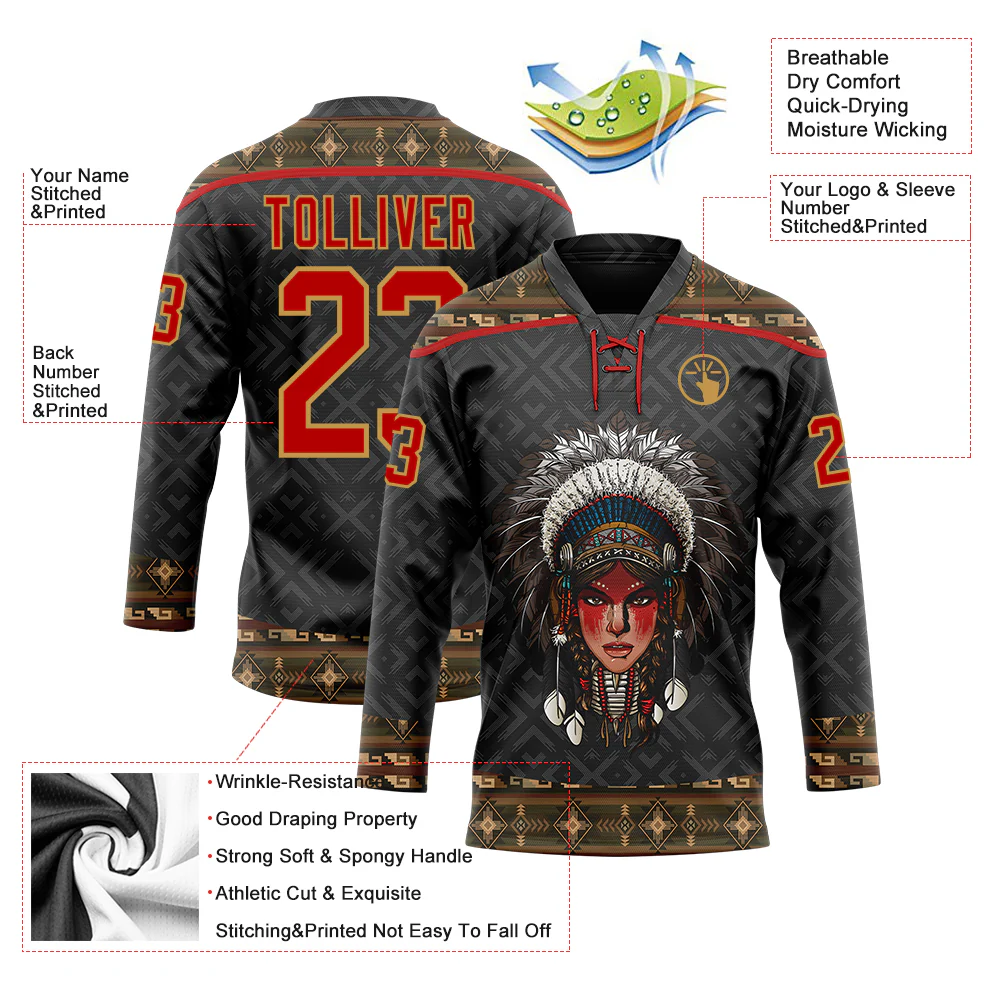 Custom Black Red-Old Gold 3D Pattern Native Americans Tribal Indigenous People Hockey Lace Neck Jersey