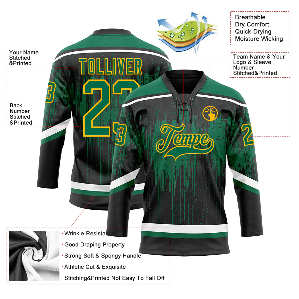 Custom Black Kelly Green Gold Steel Gray-White 3D Pattern Dripping Splatter Hockey Lace Neck Jersey