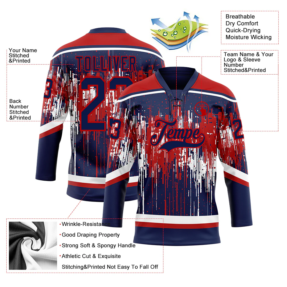 Custom Navy Red-White 3D Pattern Dripping Splatter Hockey Lace Neck Jersey