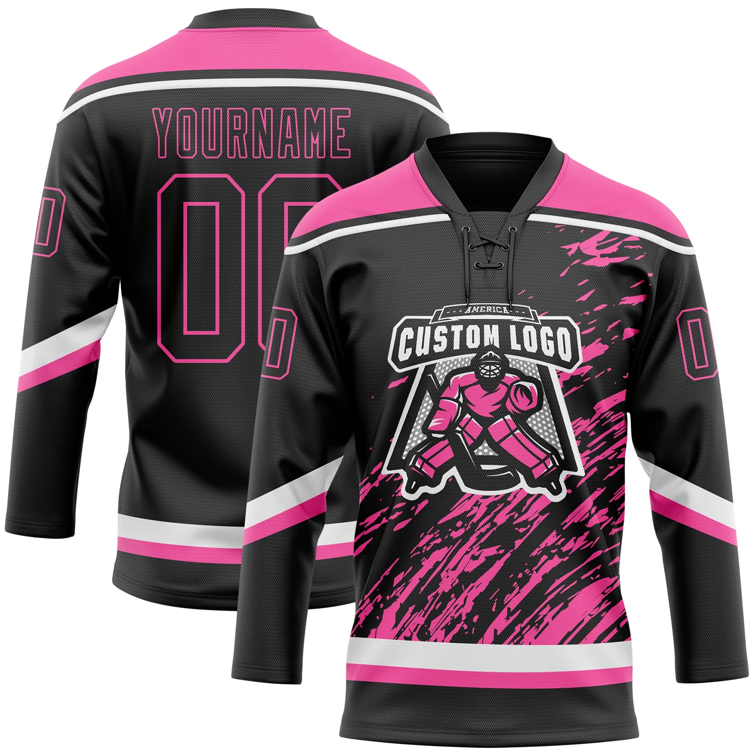 Custom Black Pink-White 3D Splash Art Hockey Lace Neck Jersey