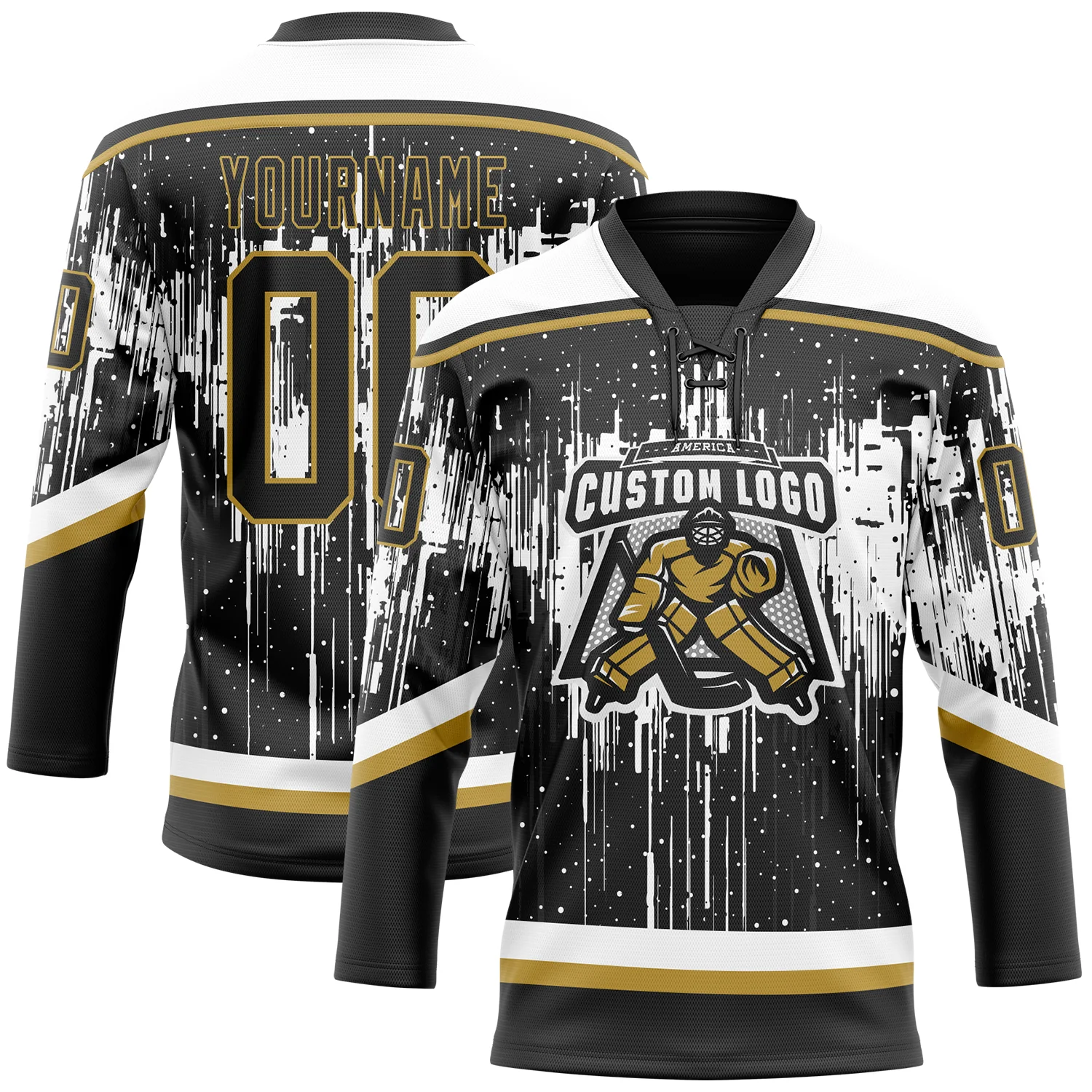 Custom Black Old Gold Steel Gray-White 3D Pattern Dripping Splatter Hockey Lace Neck Jersey