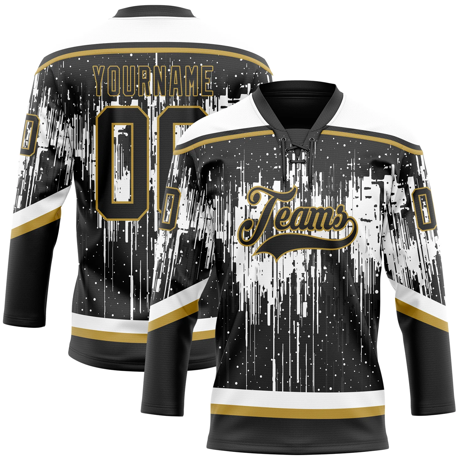 Custom Black Old Gold Steel Gray-White 3D Pattern Dripping Splatter Hockey Lace Neck Jersey