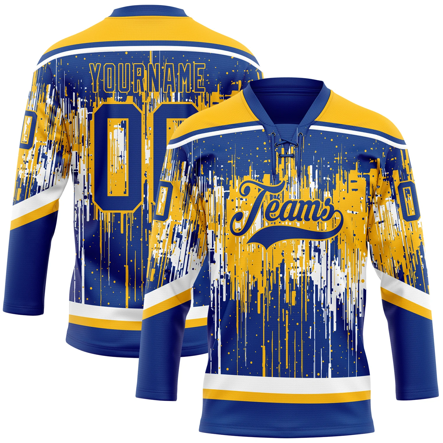 Custom Royal Gold-White 3D Pattern Dripping Splatter Hockey Lace Neck Jersey