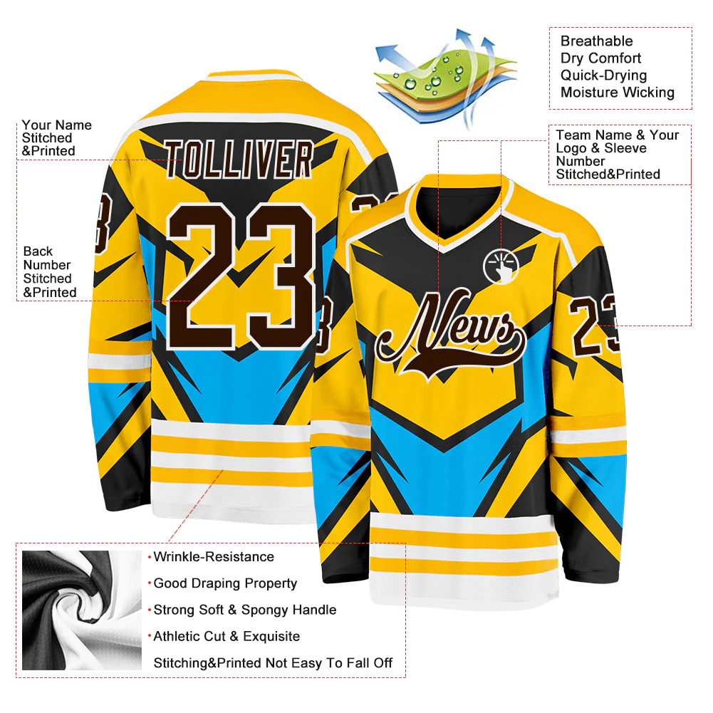 Custom Gold Brown Blue Black-White 3D Pattern Cyber Mecha E-sport Hockey Jersey