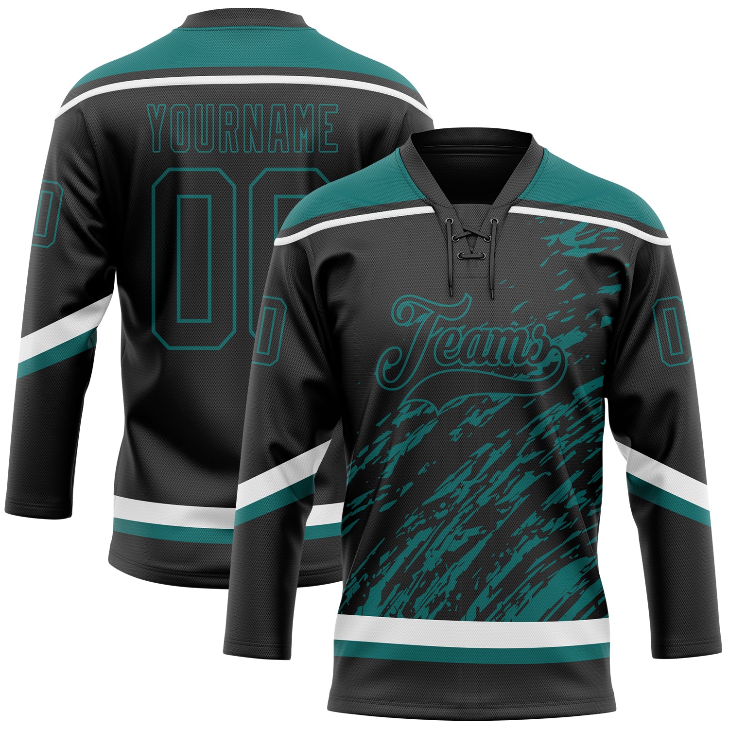 Custom Black Teal-White 3D Splash Art Hockey Lace Neck Jersey
