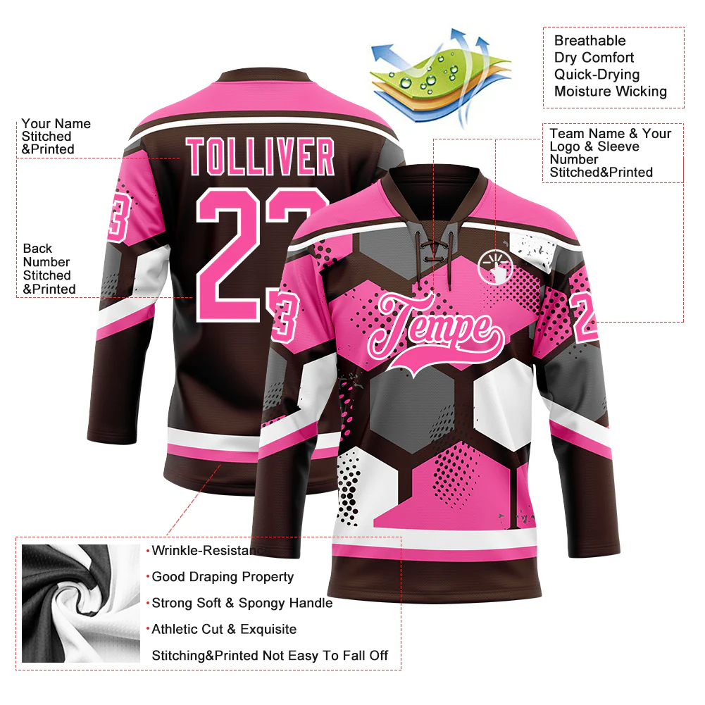 Custom Pink Brown-White 3D Pattern Geometric Shape Hockey Lace Neck Jersey