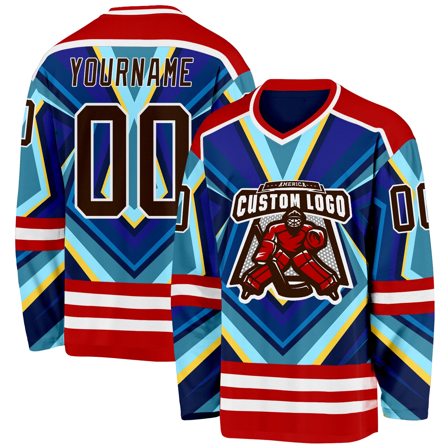 Custom Red Brown Blue Yellow-White 3D Pattern Cyber Mecha E-sport Hockey Jersey