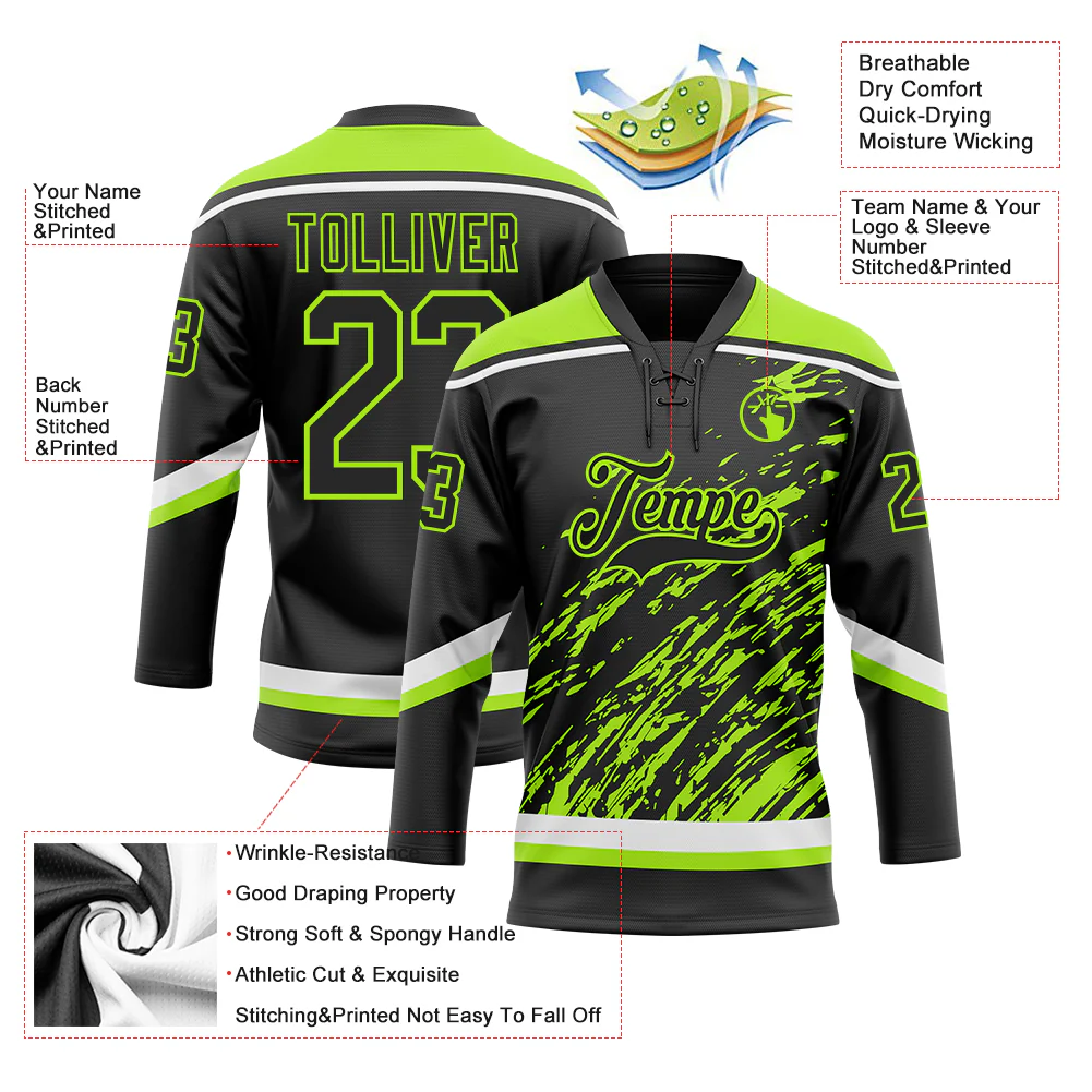 Custom Black Neon Green-White 3D Splash Art Hockey Lace Neck Jersey