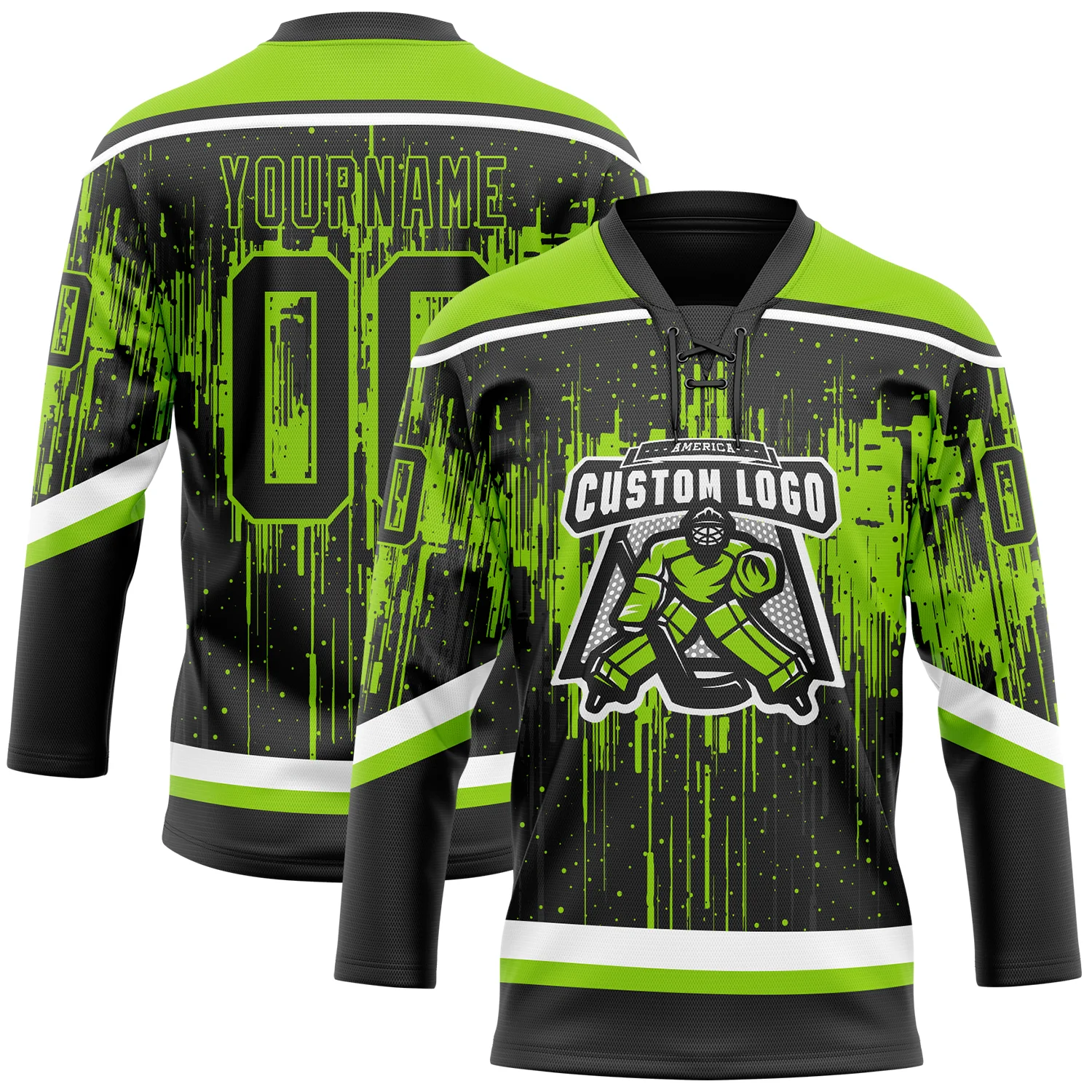 Custom Black Neon Green Steel Gray-White 3D Pattern Dripping Splatter Hockey Lace Neck Jersey