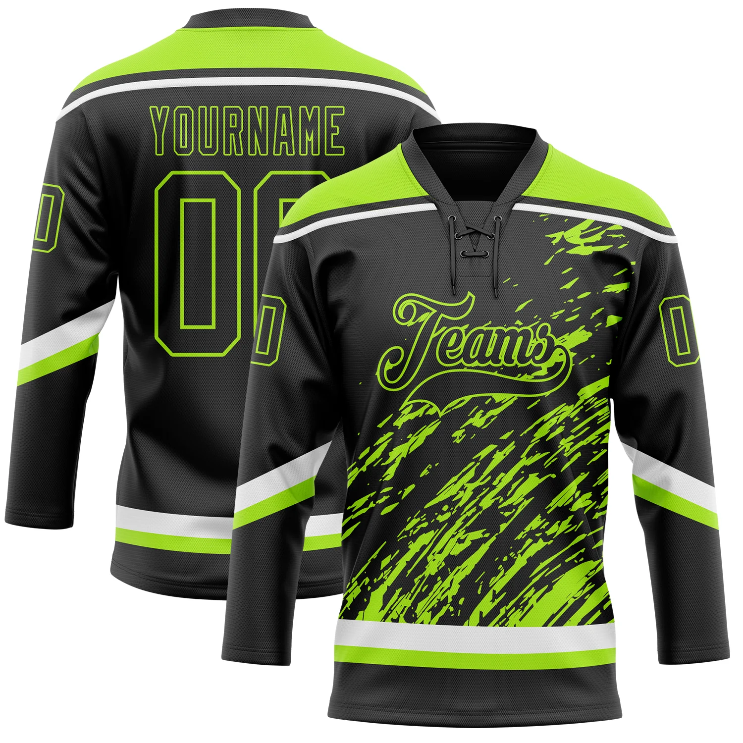 Custom Black Neon Green-White 3D Splash Art Hockey Lace Neck Jersey