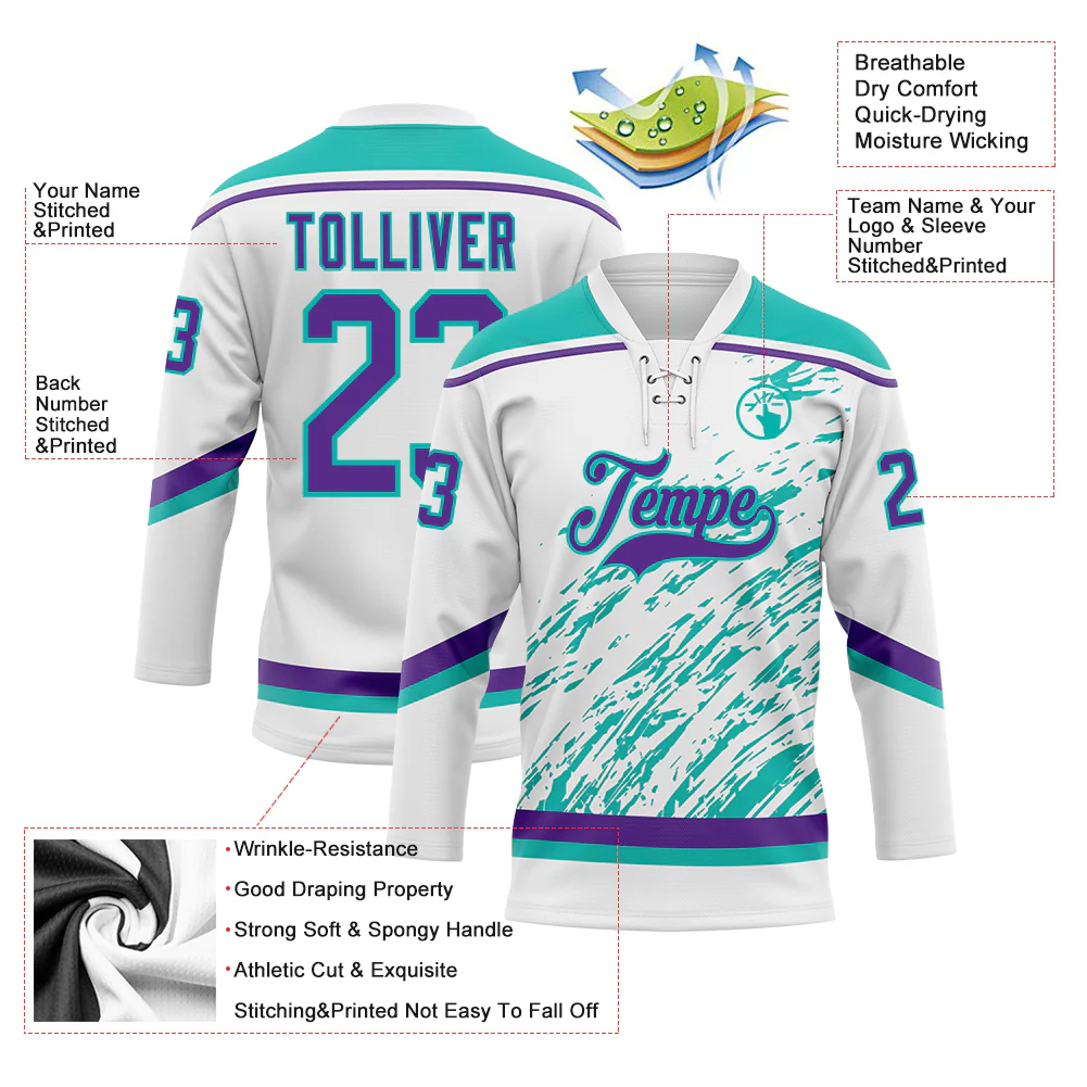 Custom White Purple-Aqua 3D Splash Art Hockey Lace Neck Jersey