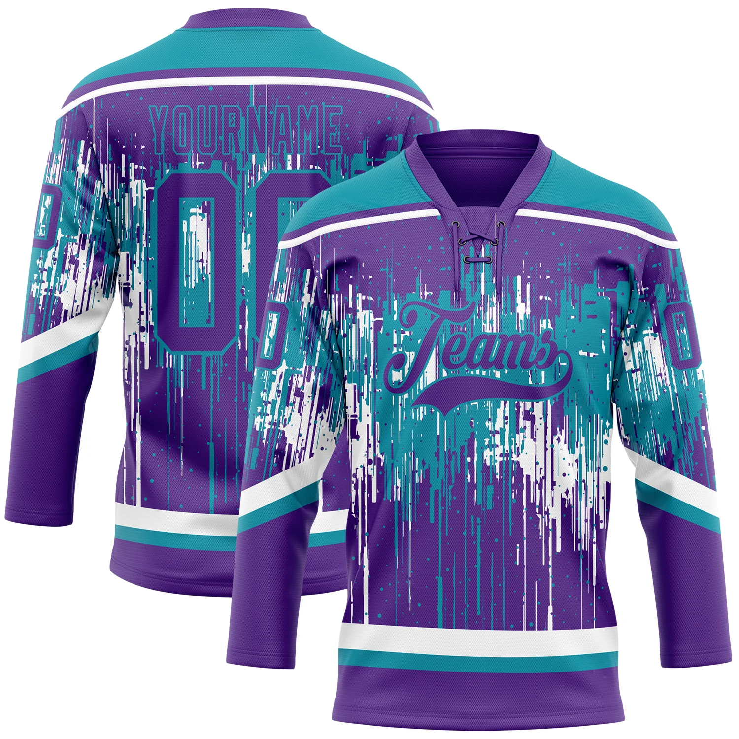Custom Purple Teal-White 3D Pattern Dripping Splatter Hockey Lace Neck Jersey