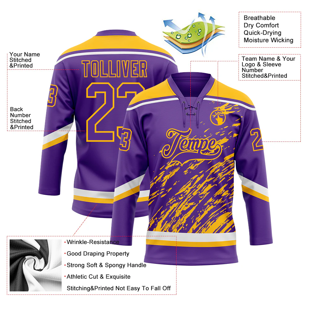 Custom Purple Gold-White 3D Splash Art Hockey Lace Neck Jersey