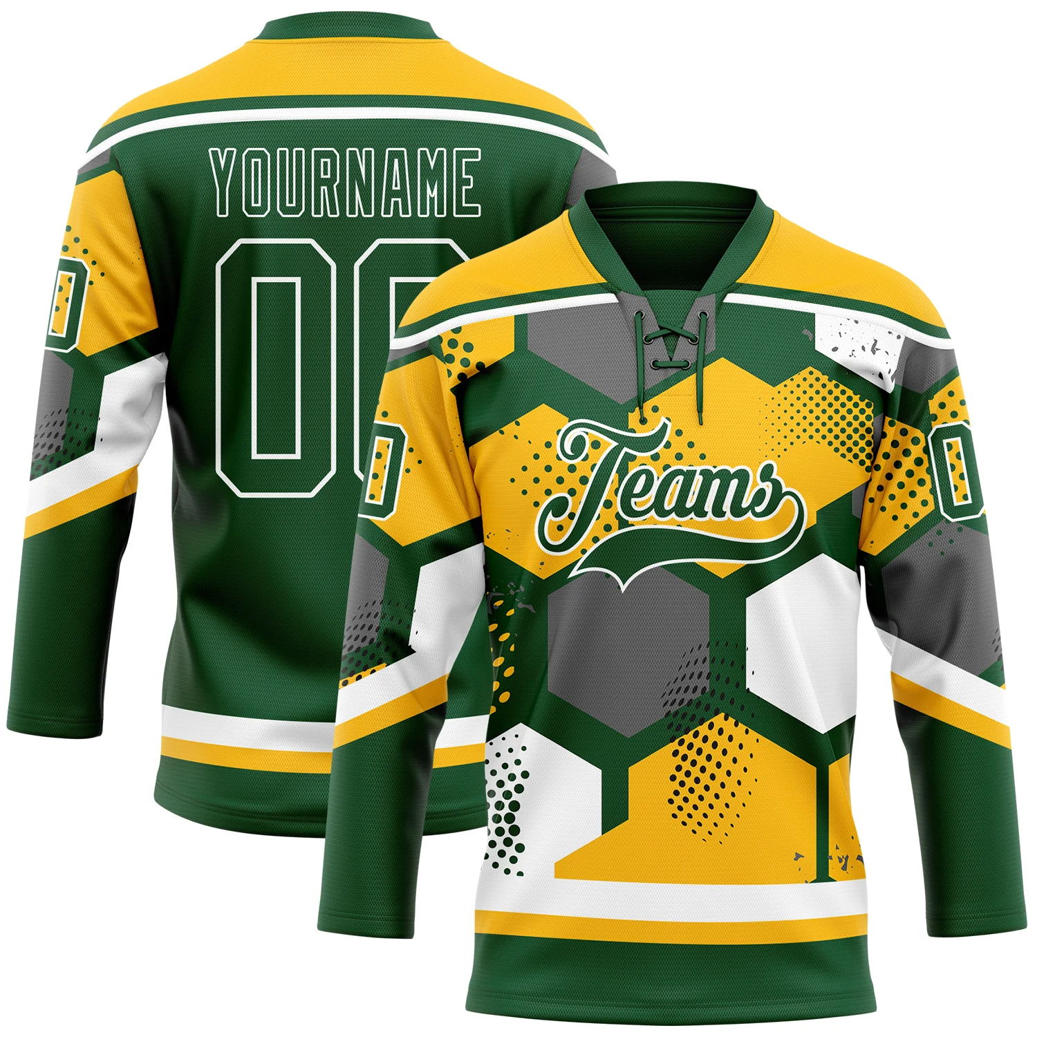 Custom Gold Green-White 3D Pattern Geometric Shape Hockey Lace Neck Jersey