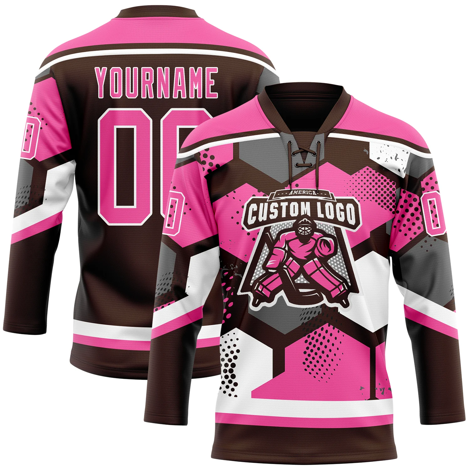 Custom Pink Brown-White 3D Pattern Geometric Shape Hockey Lace Neck Jersey