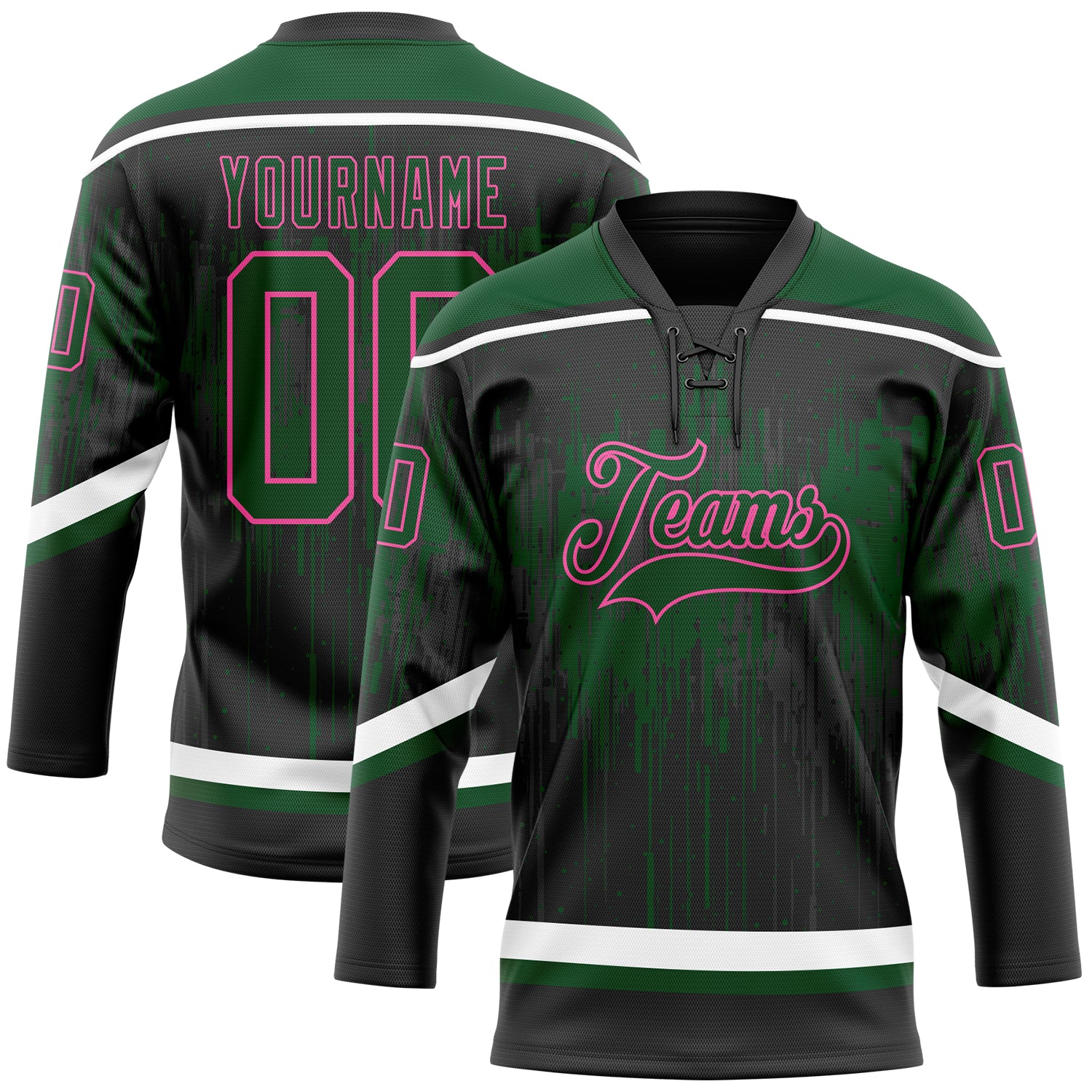 Custom Black Green Pink Steel Gray-White 3D Pattern Dripping Splatter Hockey Lace Neck Jersey