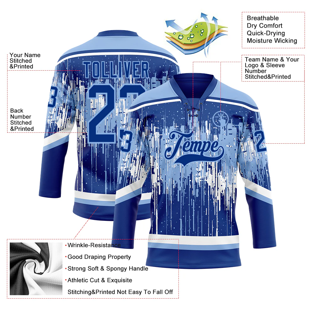 Custom Royal Light Blue-White 3D Pattern Dripping Splatter Hockey Lace Neck Jersey
