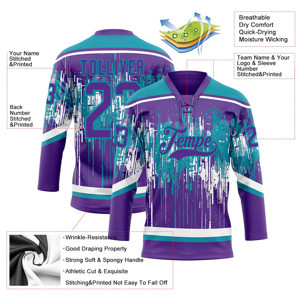 Custom Purple Teal-White 3D Pattern Dripping Splatter Hockey Lace Neck Jersey