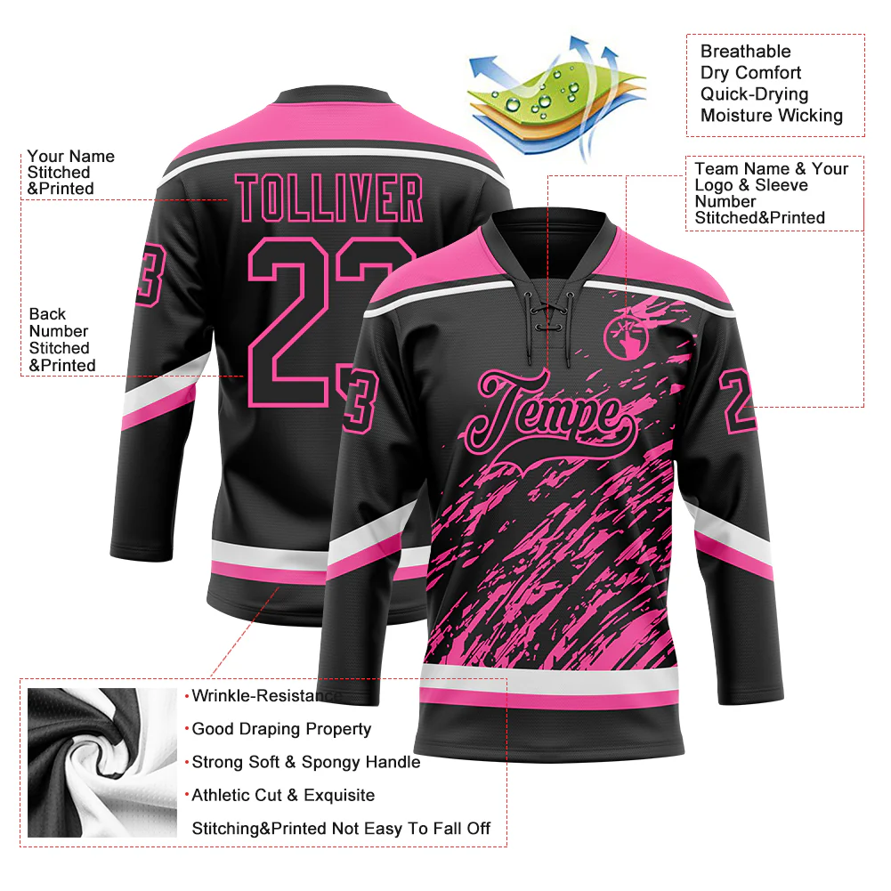 Custom Black Pink-White 3D Splash Art Hockey Lace Neck Jersey