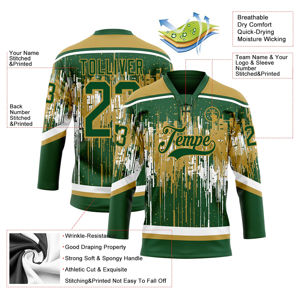 Custom Green Old Gold-White 3D Pattern Dripping Splatter Hockey Lace Neck Jersey