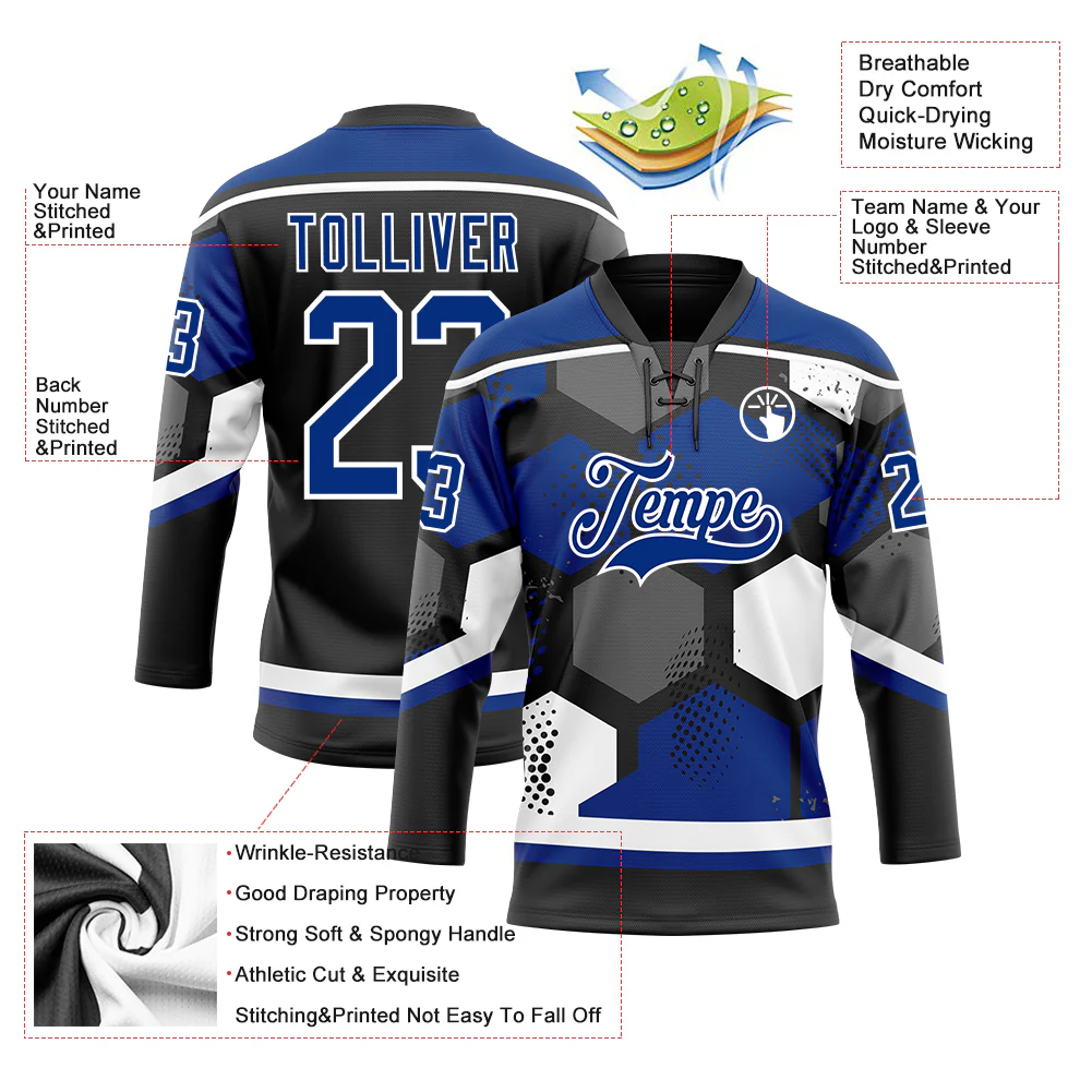 Custom Royal Black-White 3D Pattern Geometric Shape Hockey Lace Neck Jersey
