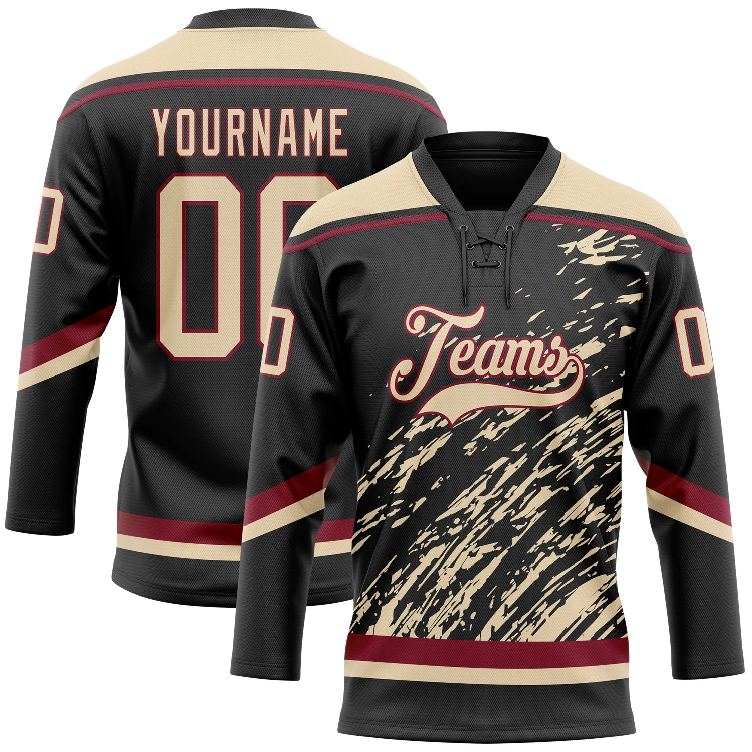 Custom Black City Cream-Crimson 3D Splash Art Hockey Lace Neck Jersey