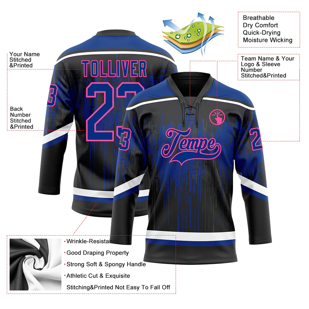 Custom Black Royal Pink Steel Gray-White 3D Pattern Dripping Splatter Hockey Lace Neck Jersey