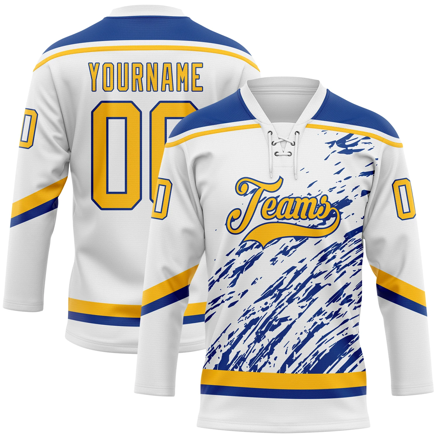 Custom White Gold-Royal 3D Splash Art Hockey Lace Neck Jersey