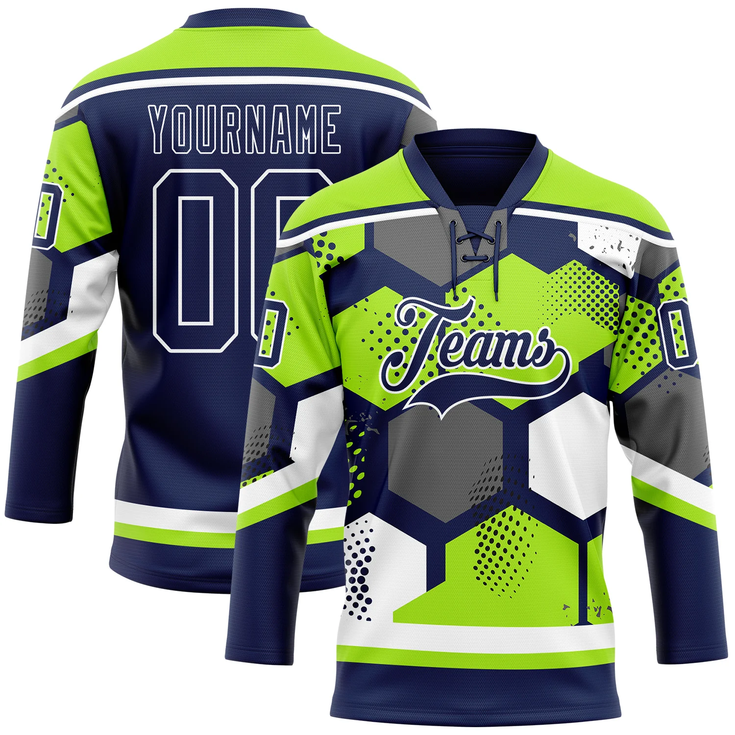 Custom Neon Green Navy-White 3D Pattern Geometric Shape Hockey Lace Neck Jersey