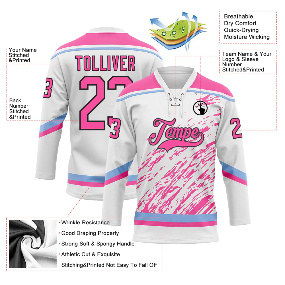 Custom White Pink Light Blue-Black 3D Splash Art Hockey Lace Neck Jersey