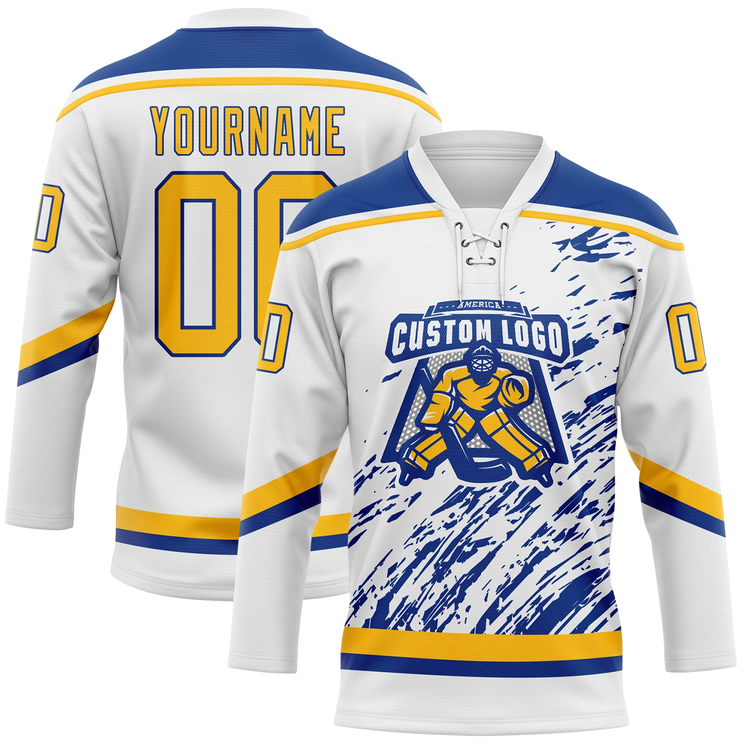 Custom White Gold-Royal 3D Splash Art Hockey Lace Neck Jersey