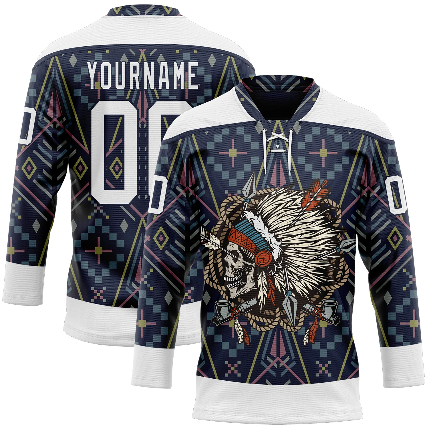 Custom Navy White 3D Pattern Native Americans Tribal Indigenous People Hockey Lace Neck Jersey