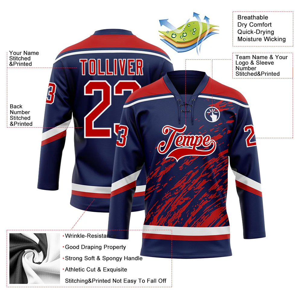 Custom Navy Red-White 3D Splash Art Hockey Lace Neck Jersey