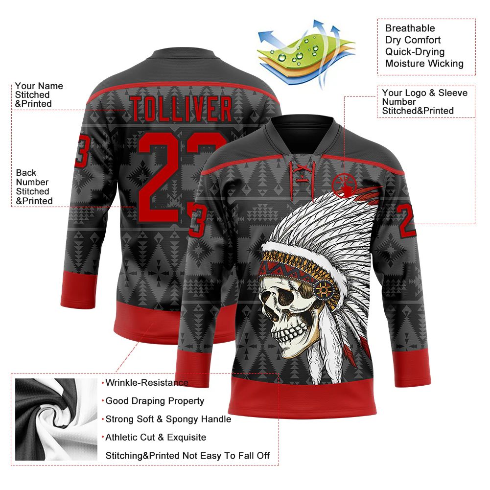 Custom Black Red 3D Pattern Native Americans Tribal Indigenous People Hockey Lace Neck Jersey