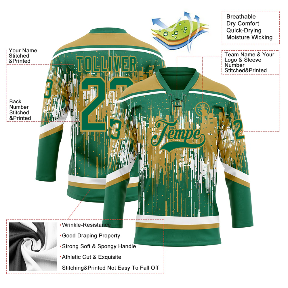 Custom Kelly Green Old Gold-White 3D Pattern Dripping Splatter Hockey Lace Neck Jersey