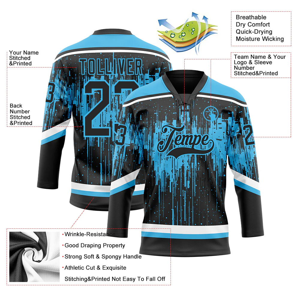 Custom Black Sky Blue Steel Gray-White 3D Pattern Dripping Splatter Hockey Lace Neck Jersey