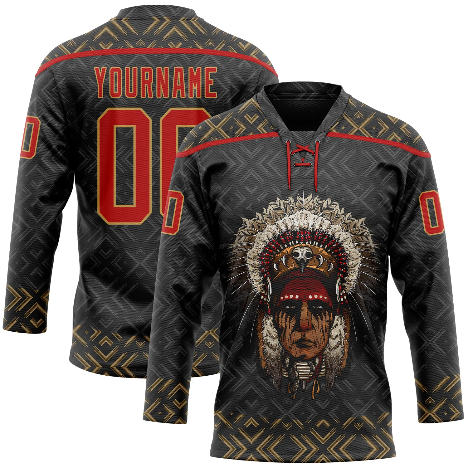 Custom Black Red-Old Gold 3D Pattern Native Americans Tribal Indigenous People Hockey Lace Neck Jersey