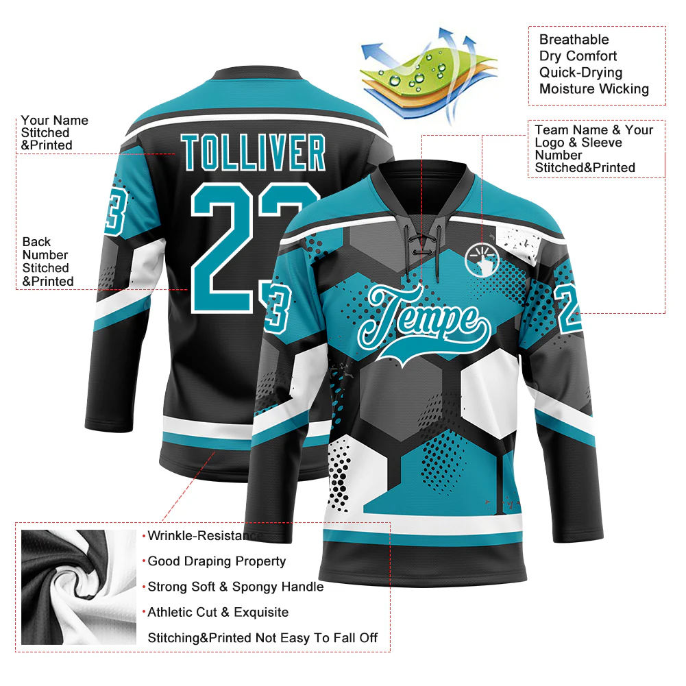 Custom Teal Black-White 3D Pattern Geometric Shape Hockey Lace Neck Jersey