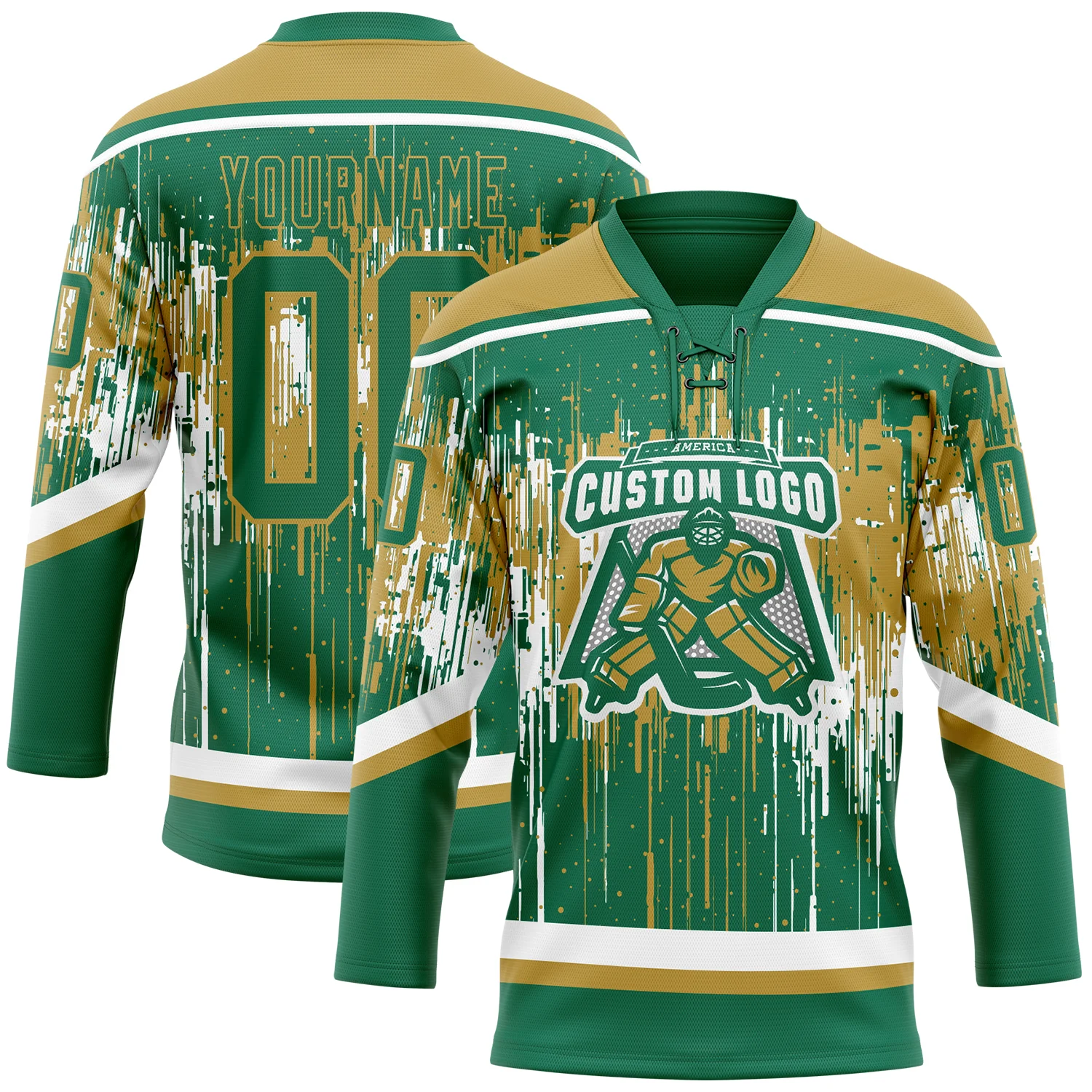 Custom Kelly Green Old Gold-White 3D Pattern Dripping Splatter Hockey Lace Neck Jersey
