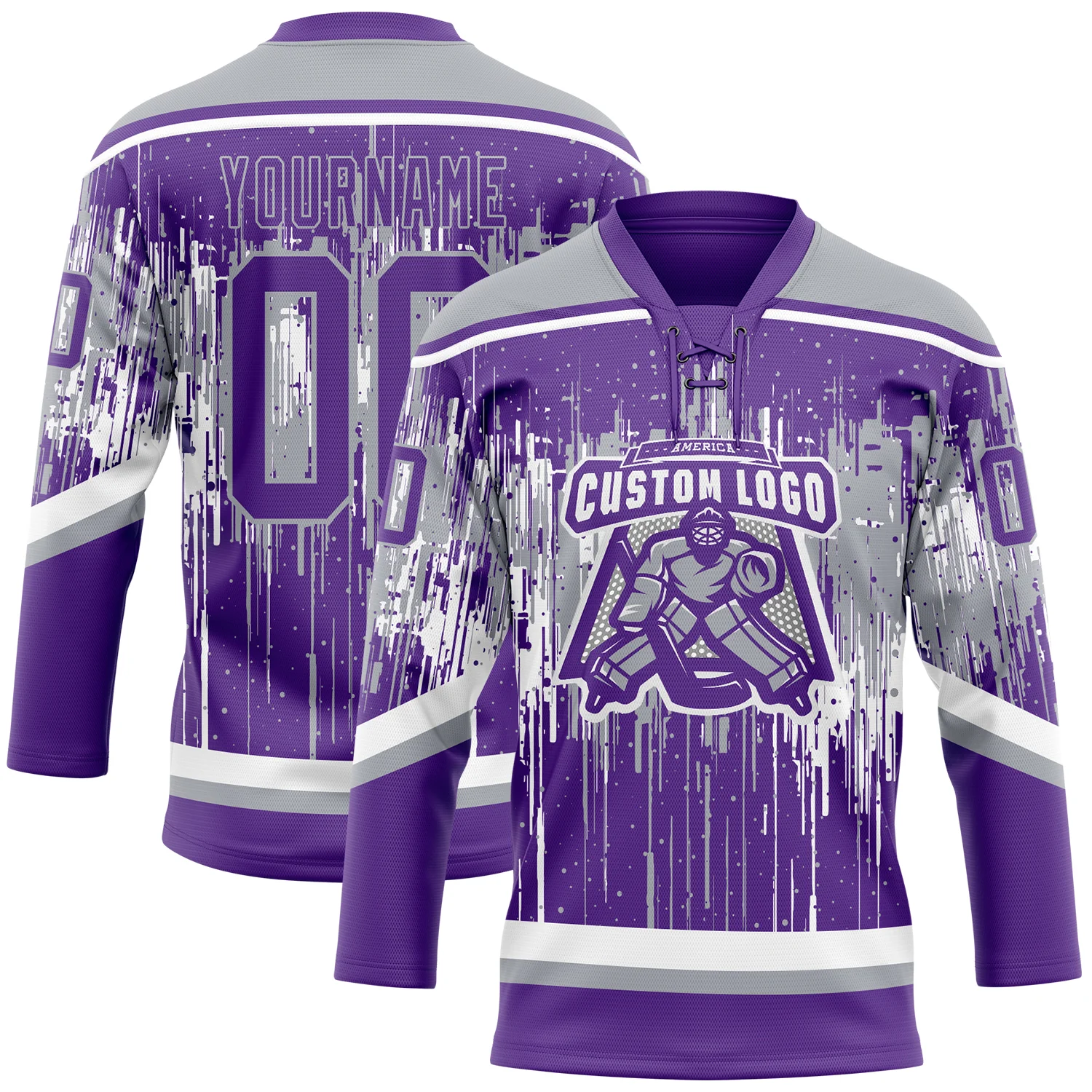 Custom Purple Gray-White 3D Pattern Dripping Splatter Hockey Lace Neck Jersey