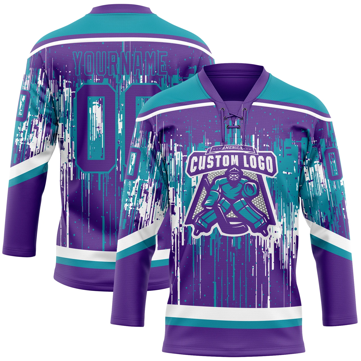 Custom Purple Teal-White 3D Pattern Dripping Splatter Hockey Lace Neck Jersey