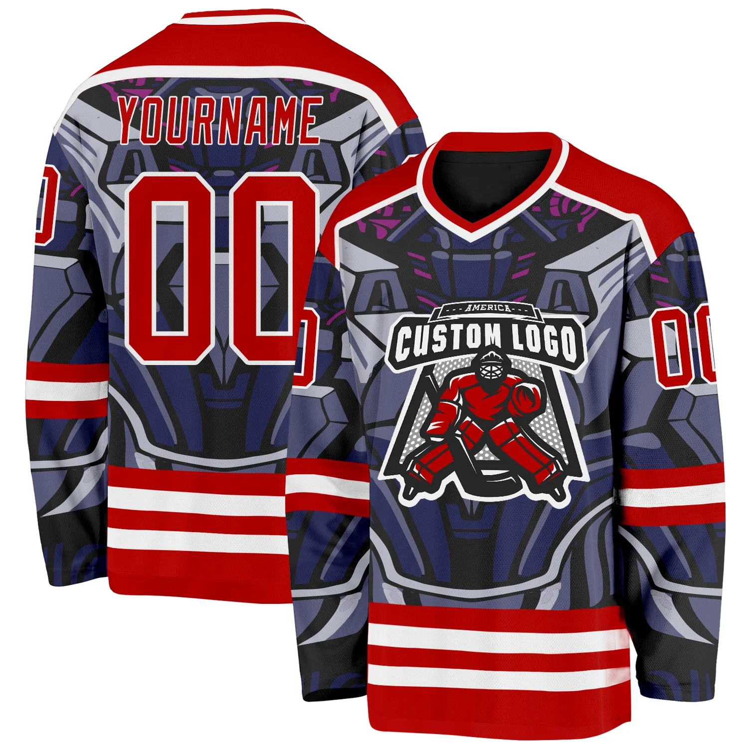 Custom Red Blue Black Purple-White 3D Pattern Cyber Mecha E-sport Hockey Jersey