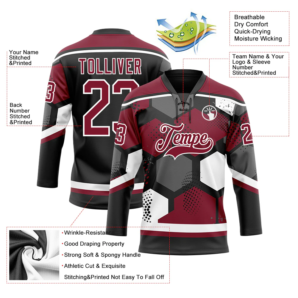 Custom Crimson Black-White 3D Pattern Geometric Shape Hockey Lace Neck Jersey